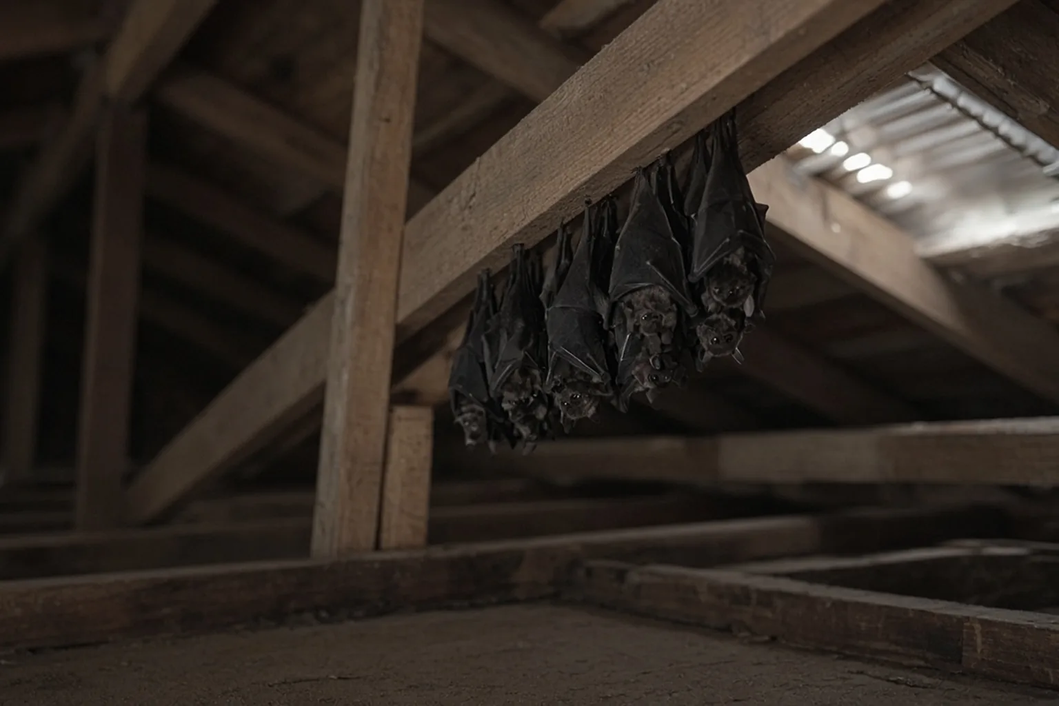 Bats roosting in attic rafters, viewed from below at a distance