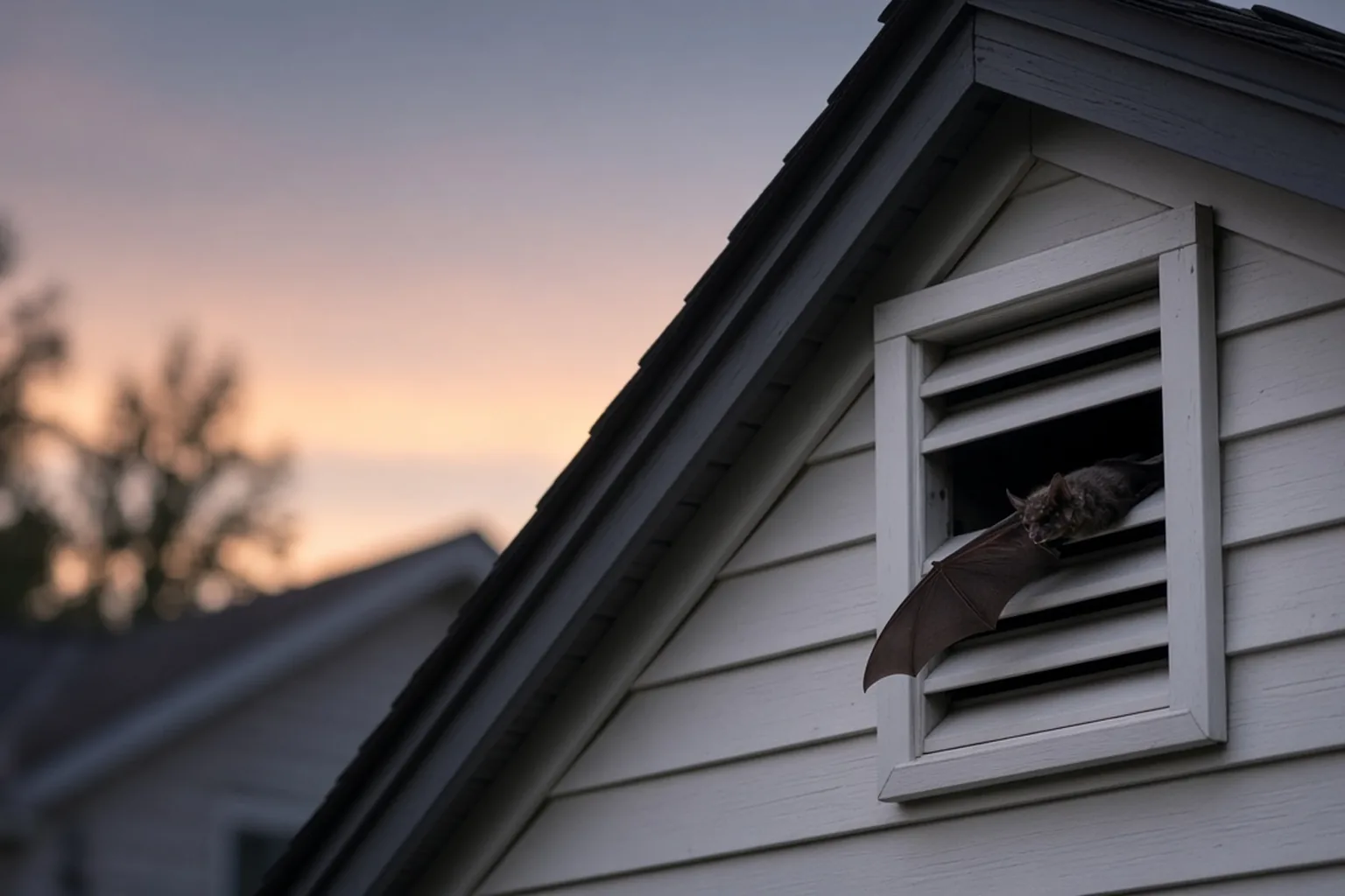 Bat emerging at dusk from a residential gable vent